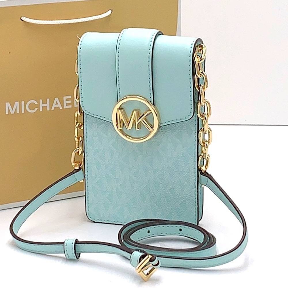 NWT MICHAEL KORS CARMEN SMALL NORTH SOUTH PHONE XBODY FAIR AQUA SIGNATURE COLOR